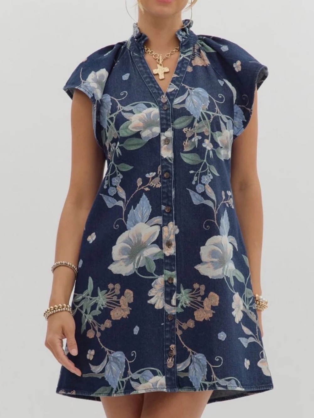 entro Floral Print Blue/Cream Denim Ruffle Collar S Flutter Sleeve Mini
